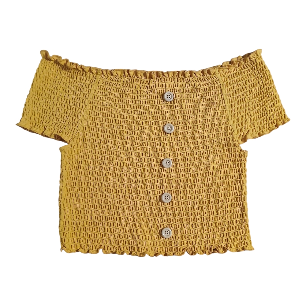 Mustard Yellow Smocked Off-Shoulder Button Front Top
